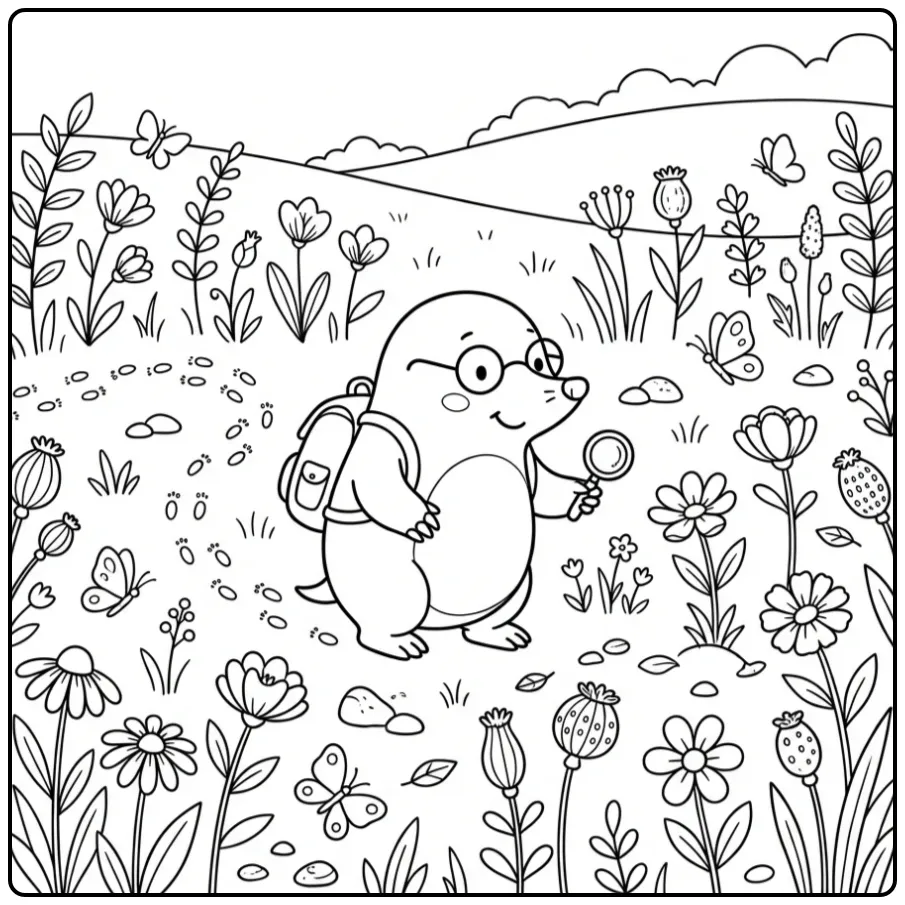 Cute mole coloring page searching for tracks in a flower field
