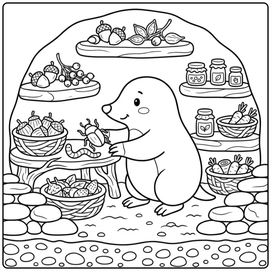 Cute mole coloring page in an underground pantry