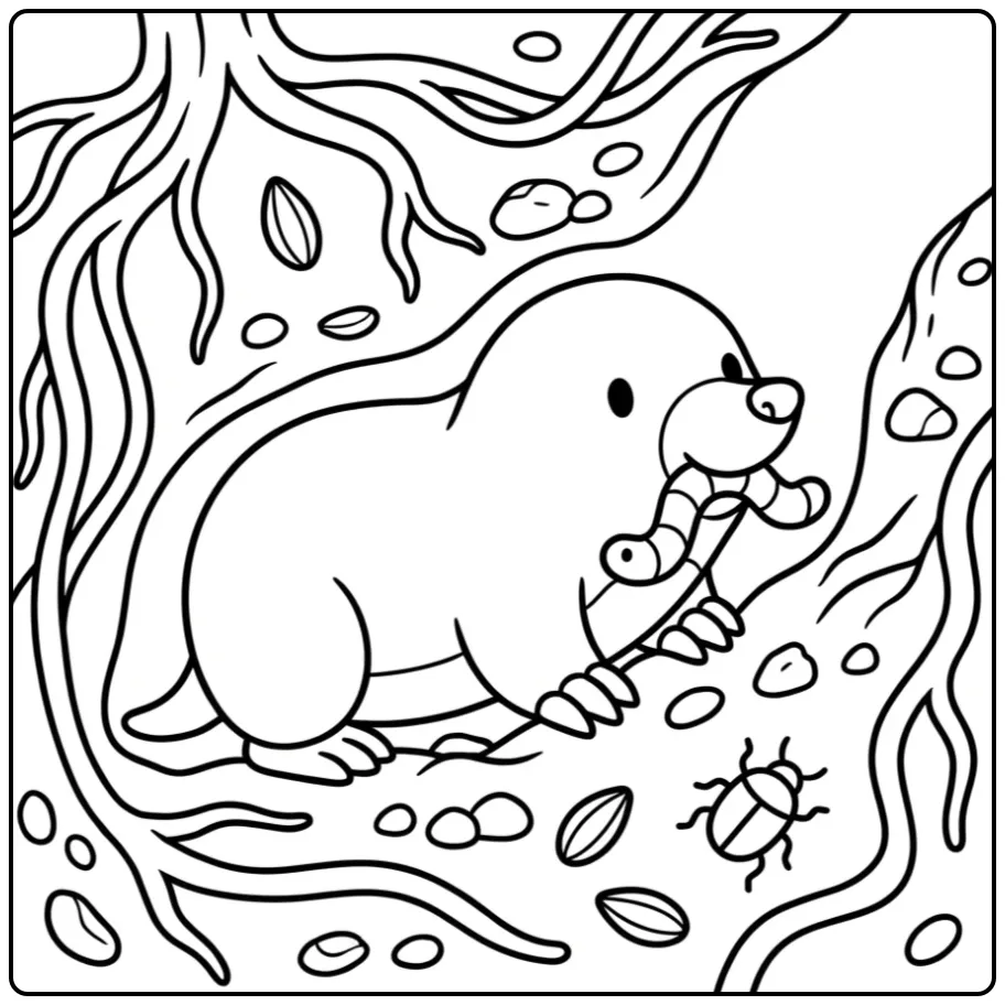 Cute mole coloring page with a worm in its tunnel