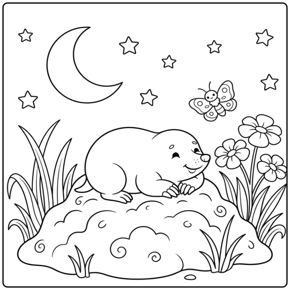 Cute mole coloring page resting under the moon and stars
