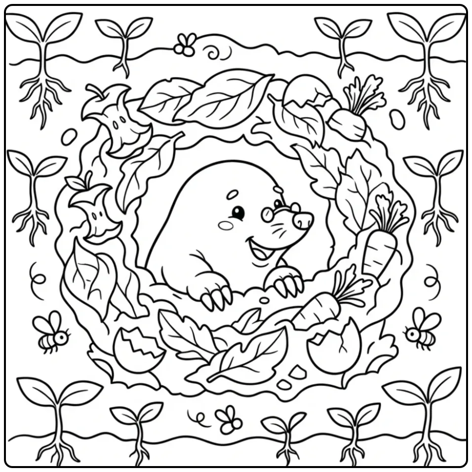 Cute mole coloring page by a compost pile with leaves