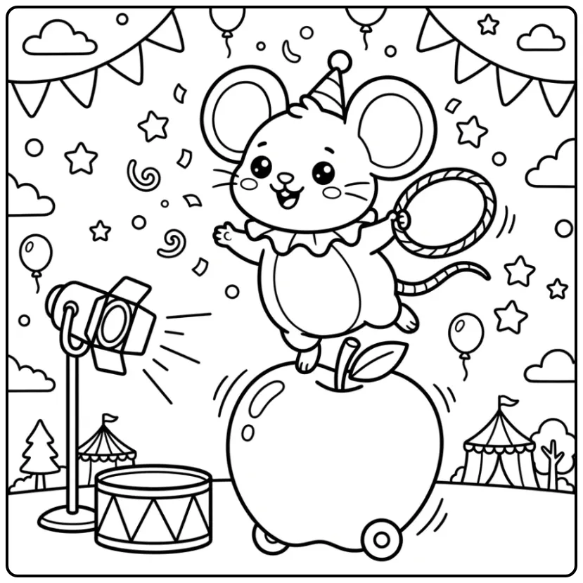 Mouse as a Circus Performer Balancing on an Apple coloring page