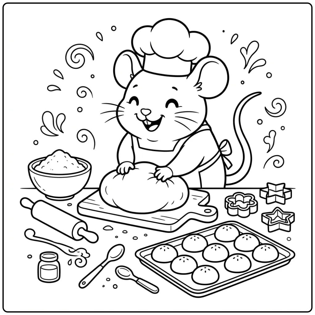 Mouse Baking Chef with Dough and Sandwiches coloring page
