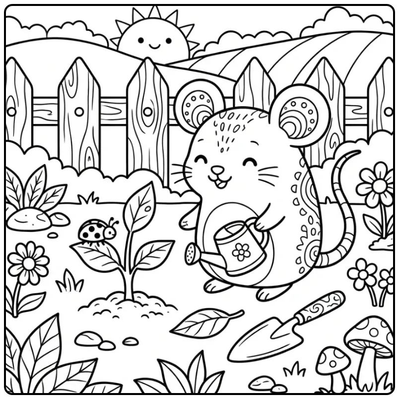 Mouse in the Garden with Watering Can and Small Plant coloring page