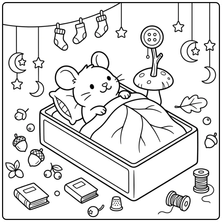 Mouse in a Cozy Matchbox Bed coloring page