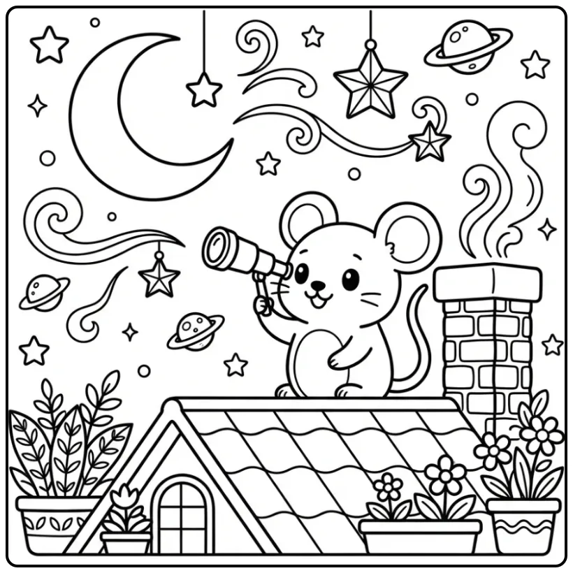 Mouse with a Telescope on a Roof Under the Moon coloring page