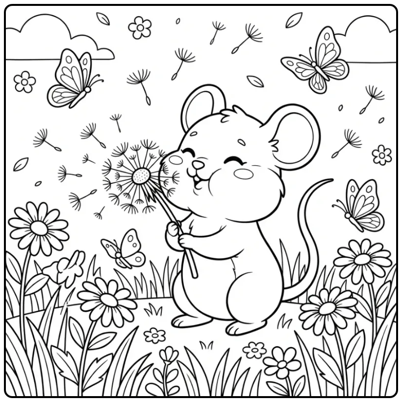 Mouse with Butterflies and Flowers in Nature coloring page