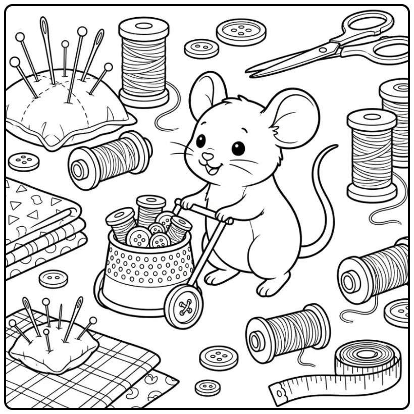 Mouse on the Sewing Table with Buttons and Yarn coloring page