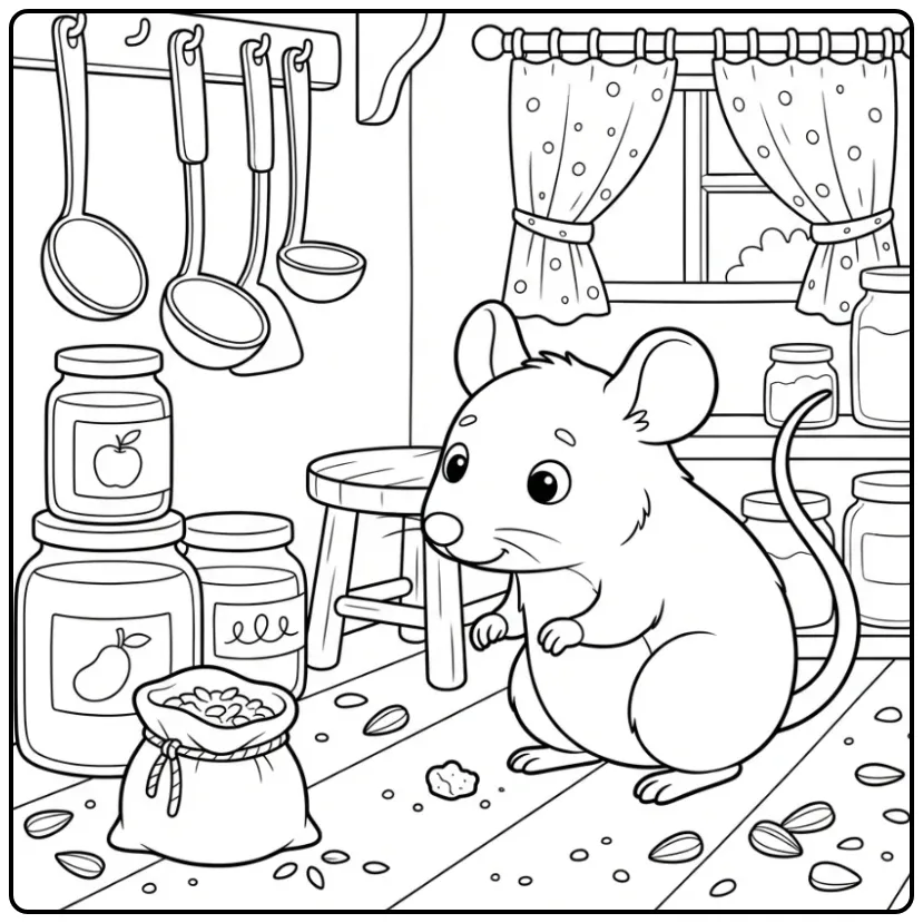 Curious mouse coloring page in a pantry