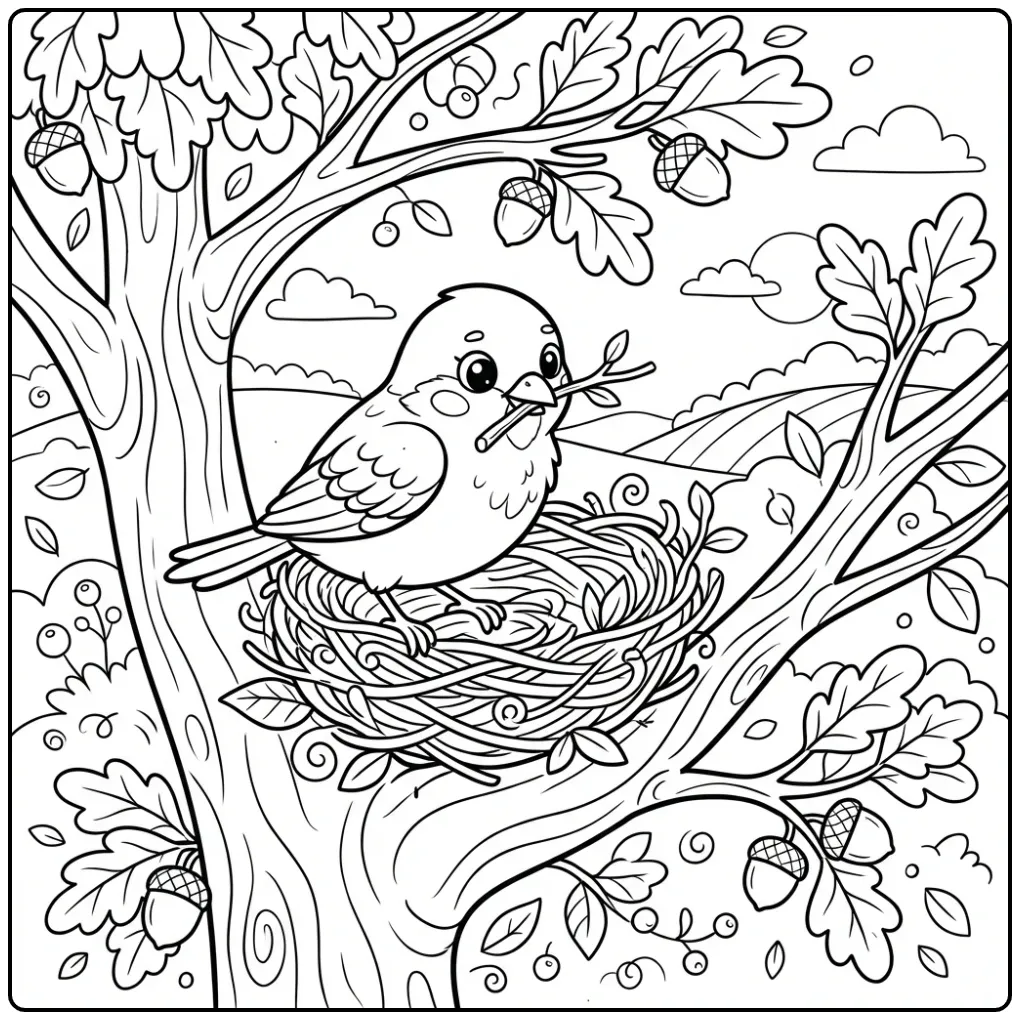 Sparrow in a Tree with Nest and Acorns coloring page