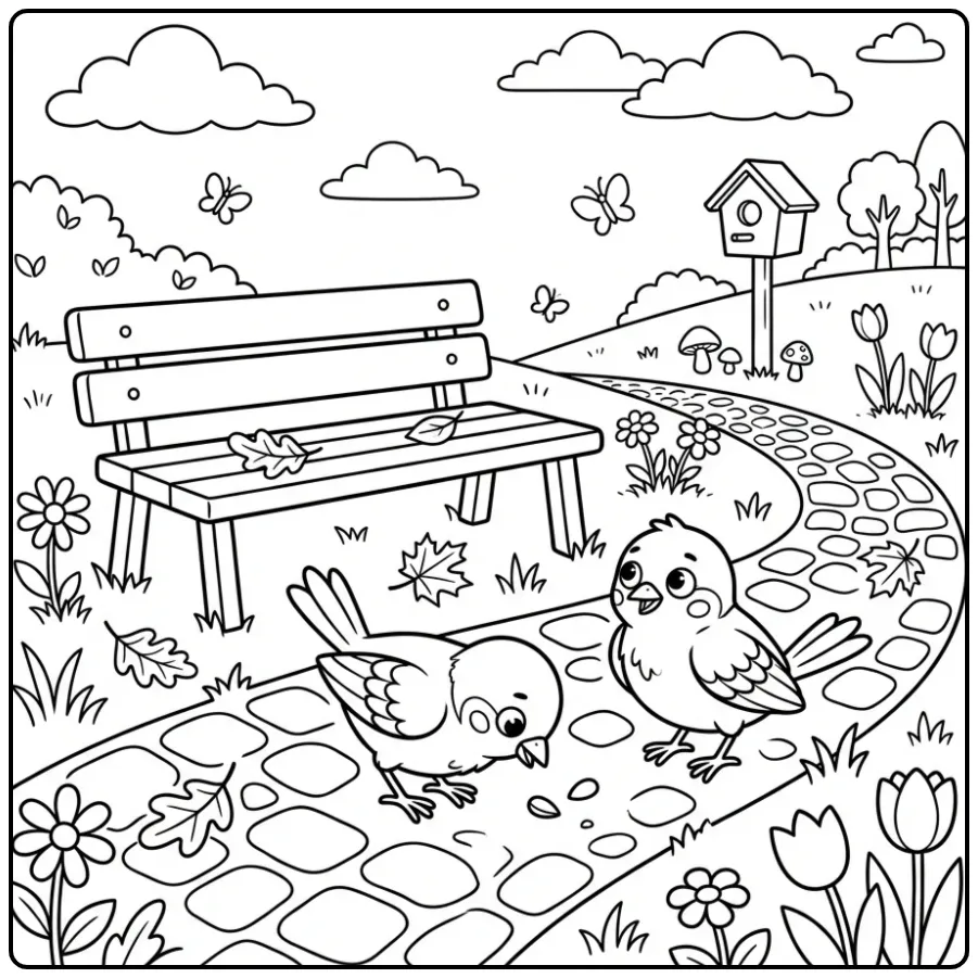 Sparrow coloring page on a path with seeds