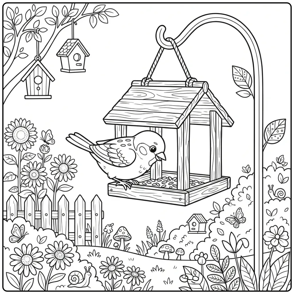 Sparrow on a Birdhouse in the Garden coloring page