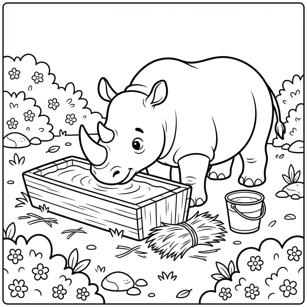 Rhino coloring page featuring a rhino drinking water