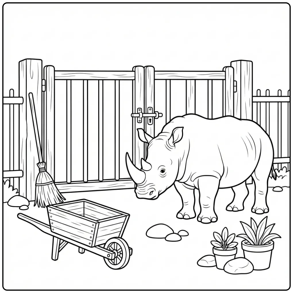 Rhino coloring page featuring a rhino by the fence