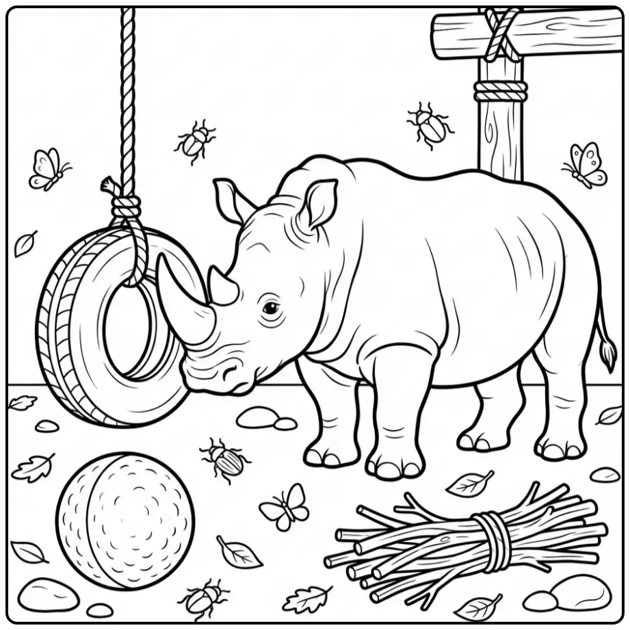 Rhino coloring page featuring a rhino with a ball and branch