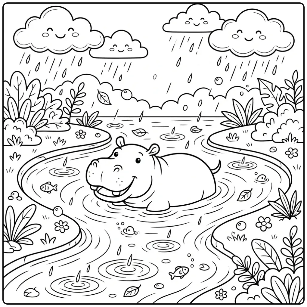 Hippo coloring page featuring a hippo in the rain