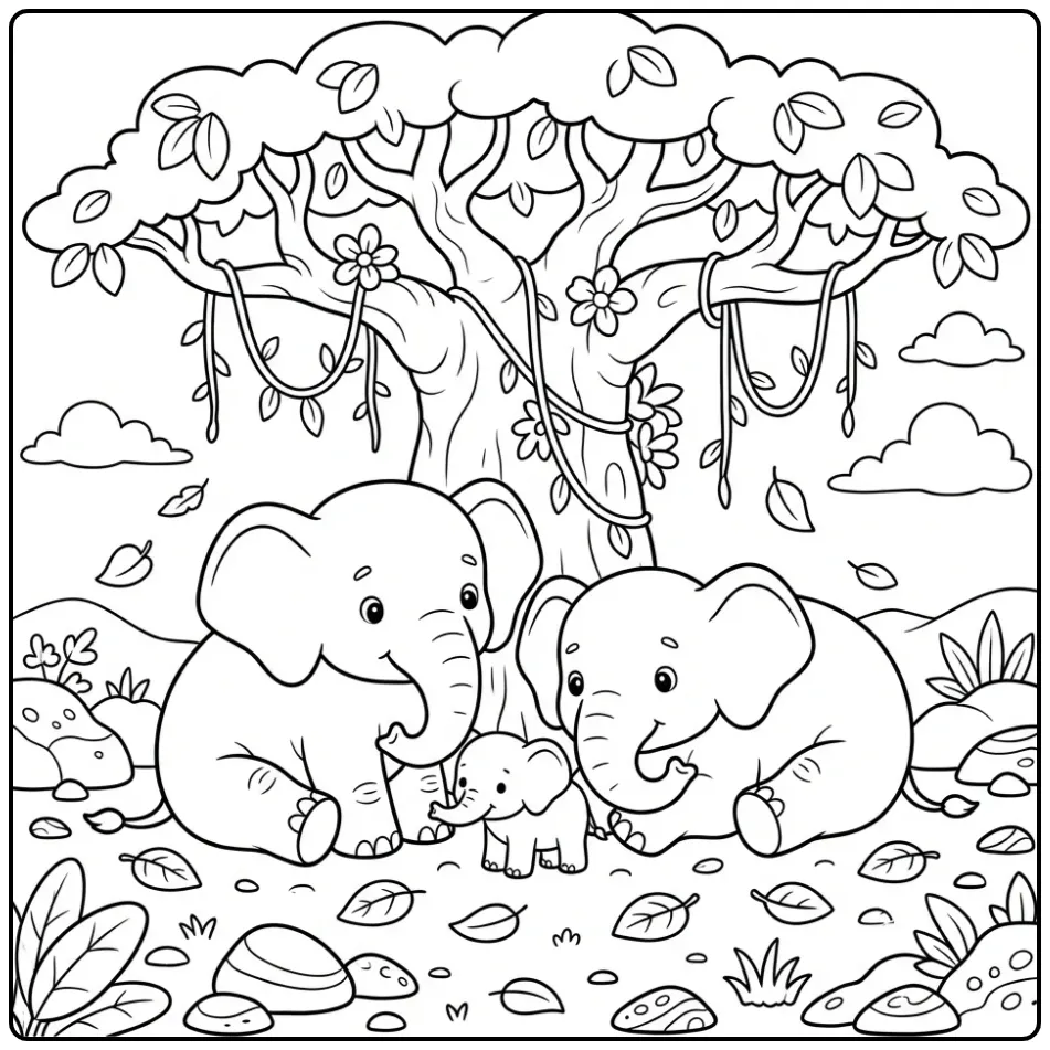 Elephant coloring page with a family under a baobab tree