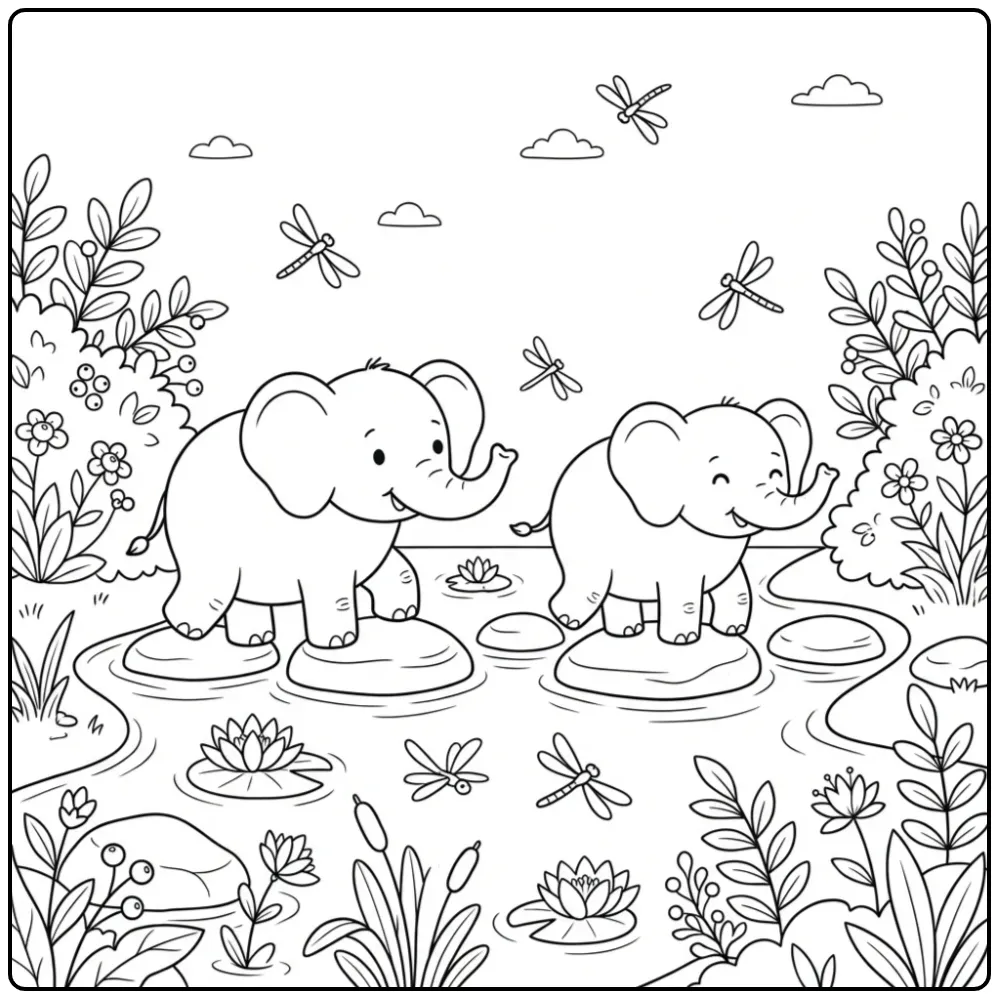 Elephant coloring page with two elephants crossing a river