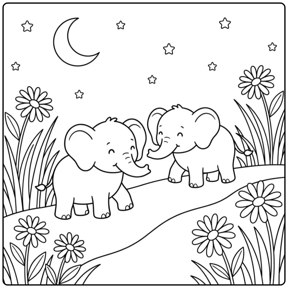 Elephant coloring page with two elephants under the moon