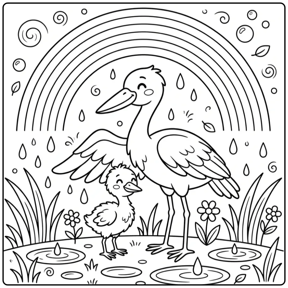 Stork with Baby and a Beautiful Rainbow coloring page