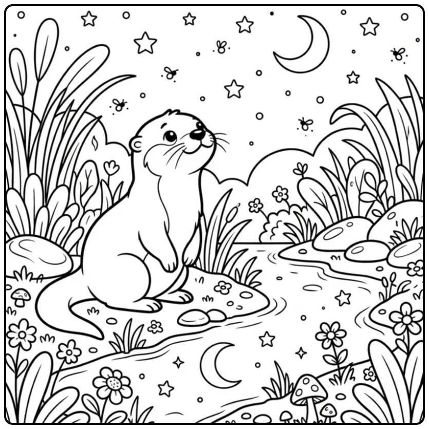 Otter coloring page featuring an otter under the stars