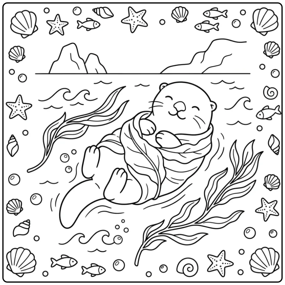 Otter coloring page showing a sea otter in kelp
