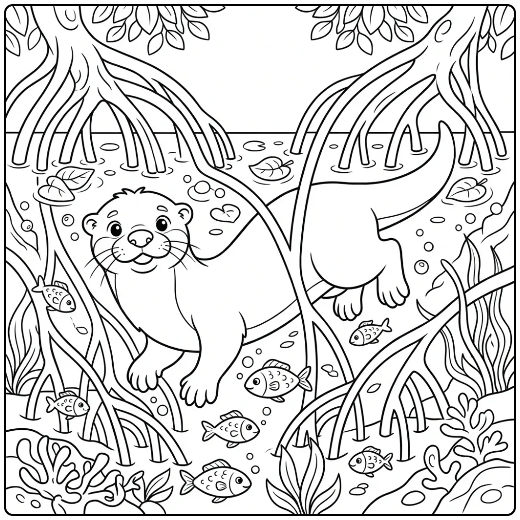Otter coloring page featuring an otter in mangroves