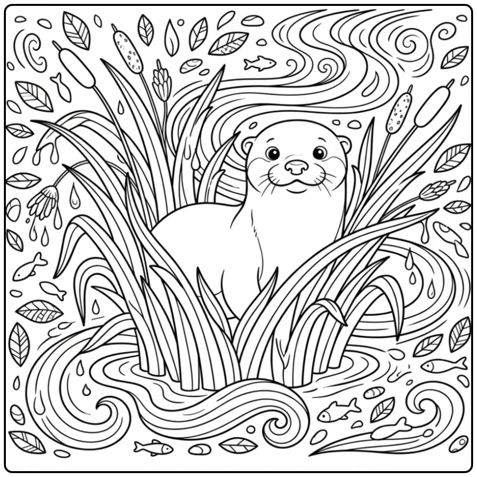 Otter coloring page showing an otter in reeds