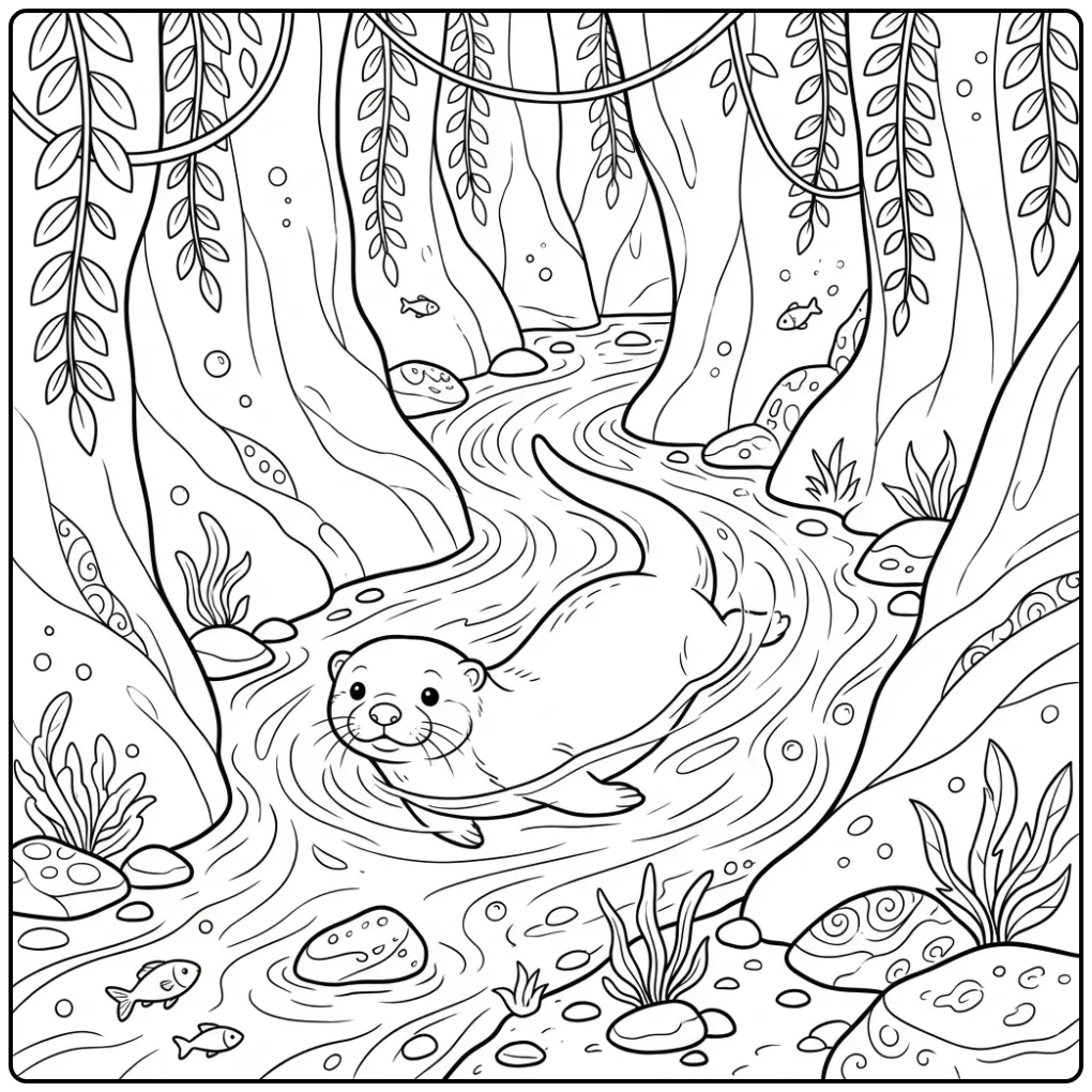 Otter coloring page showing an otter in a gorge