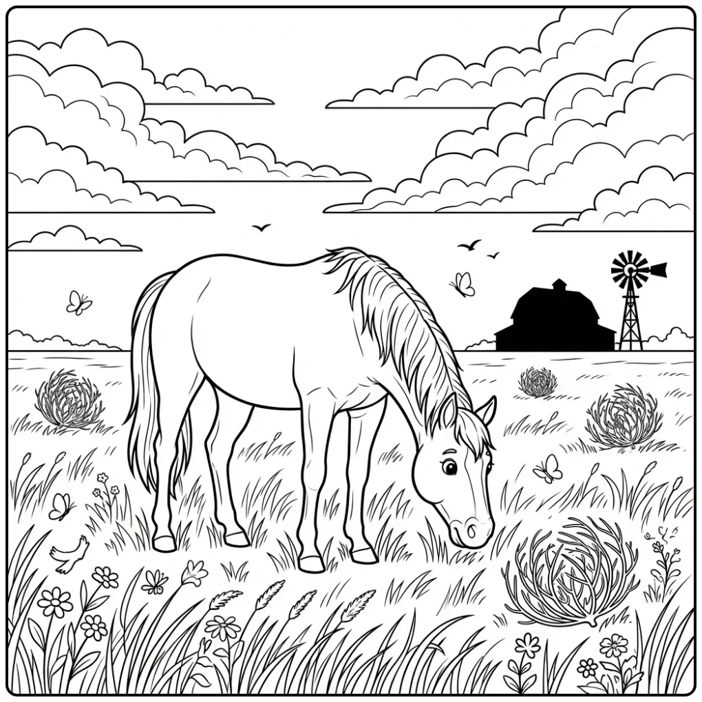Horse in the Meadow with a Big Windmill coloring page