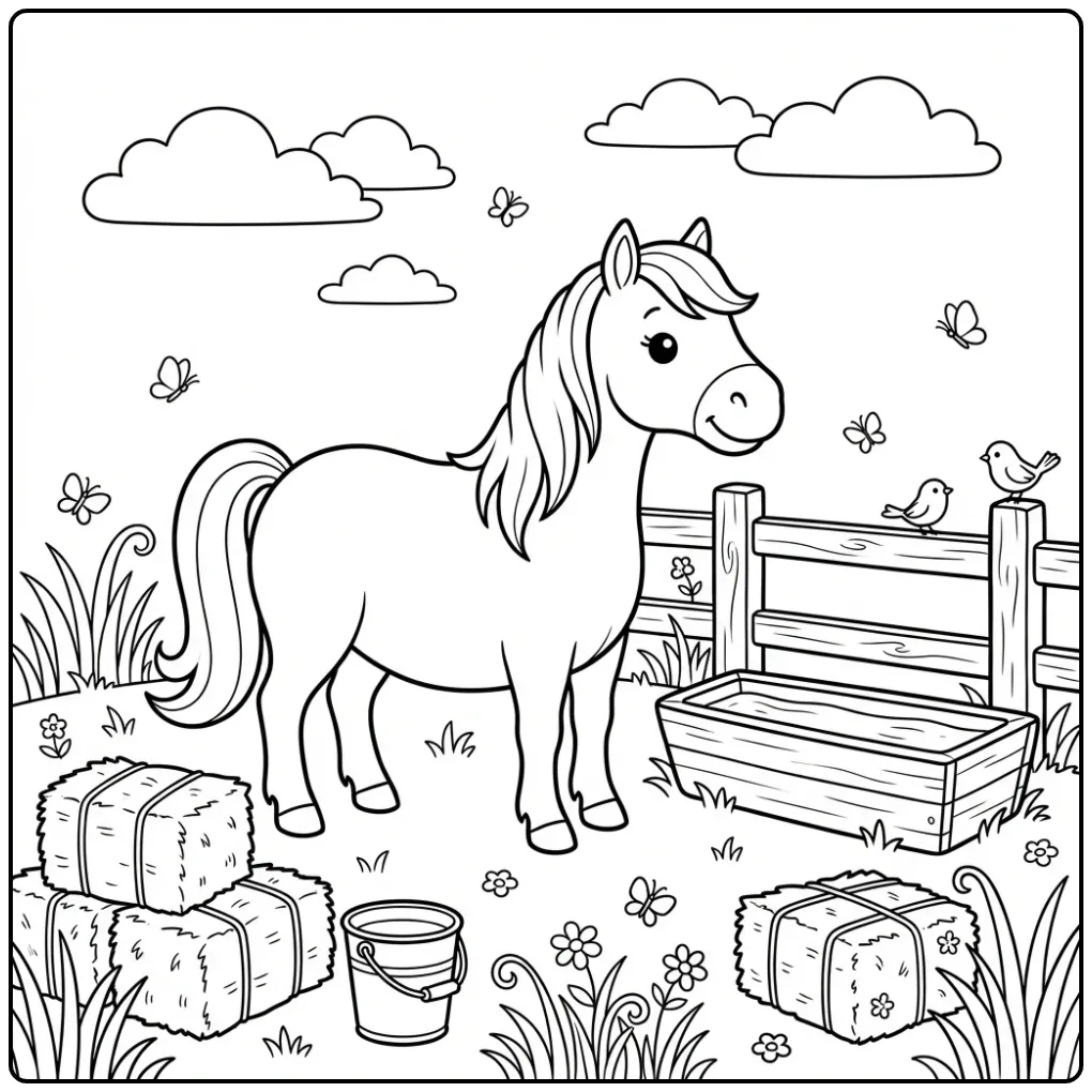 Horse in the Meadow with Fence and Clouds coloring page