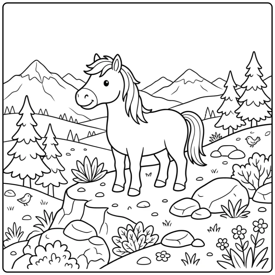 Horse in a Mountain Landscape with Pine Trees coloring page