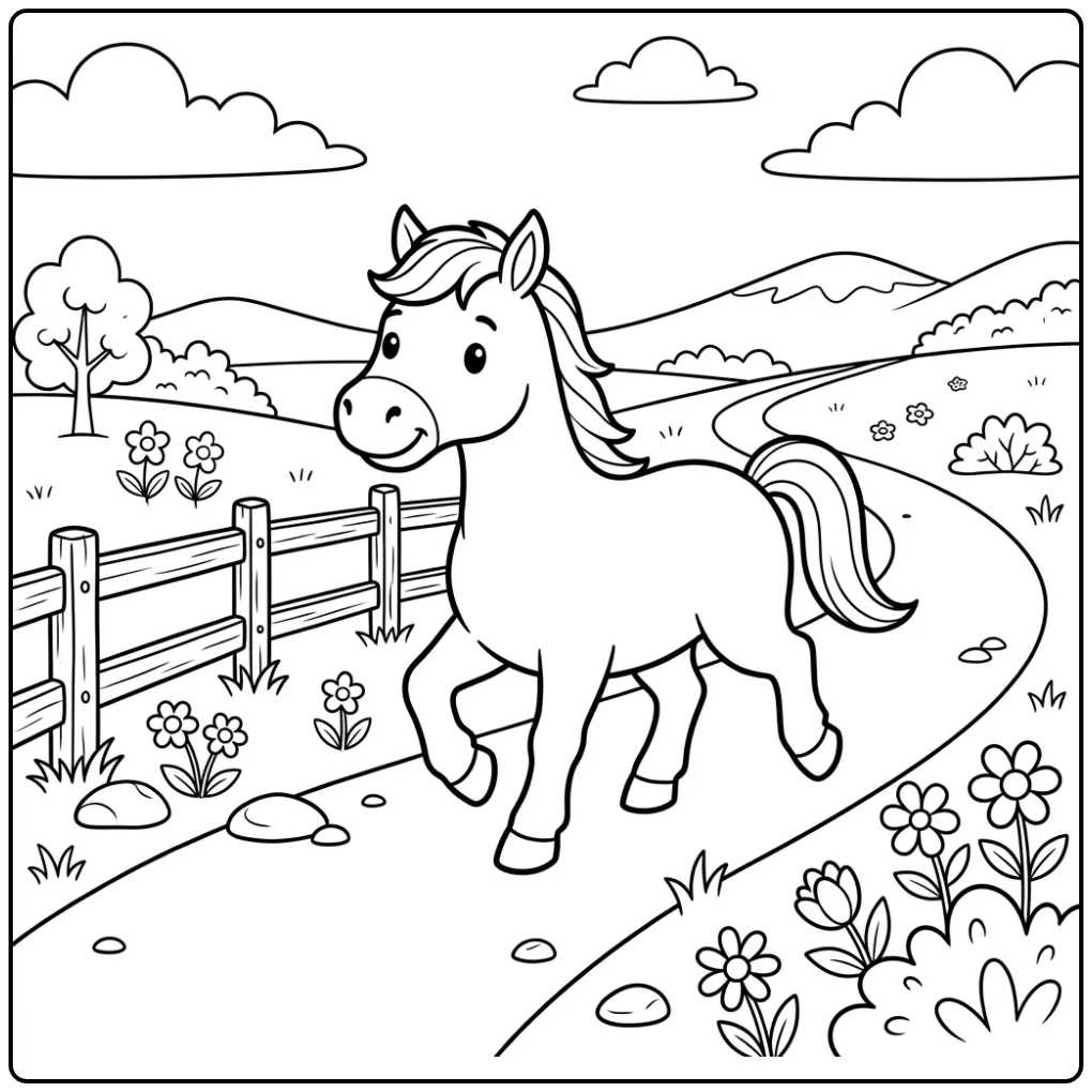Horse in a Landscape with Flowers and Hills coloring page