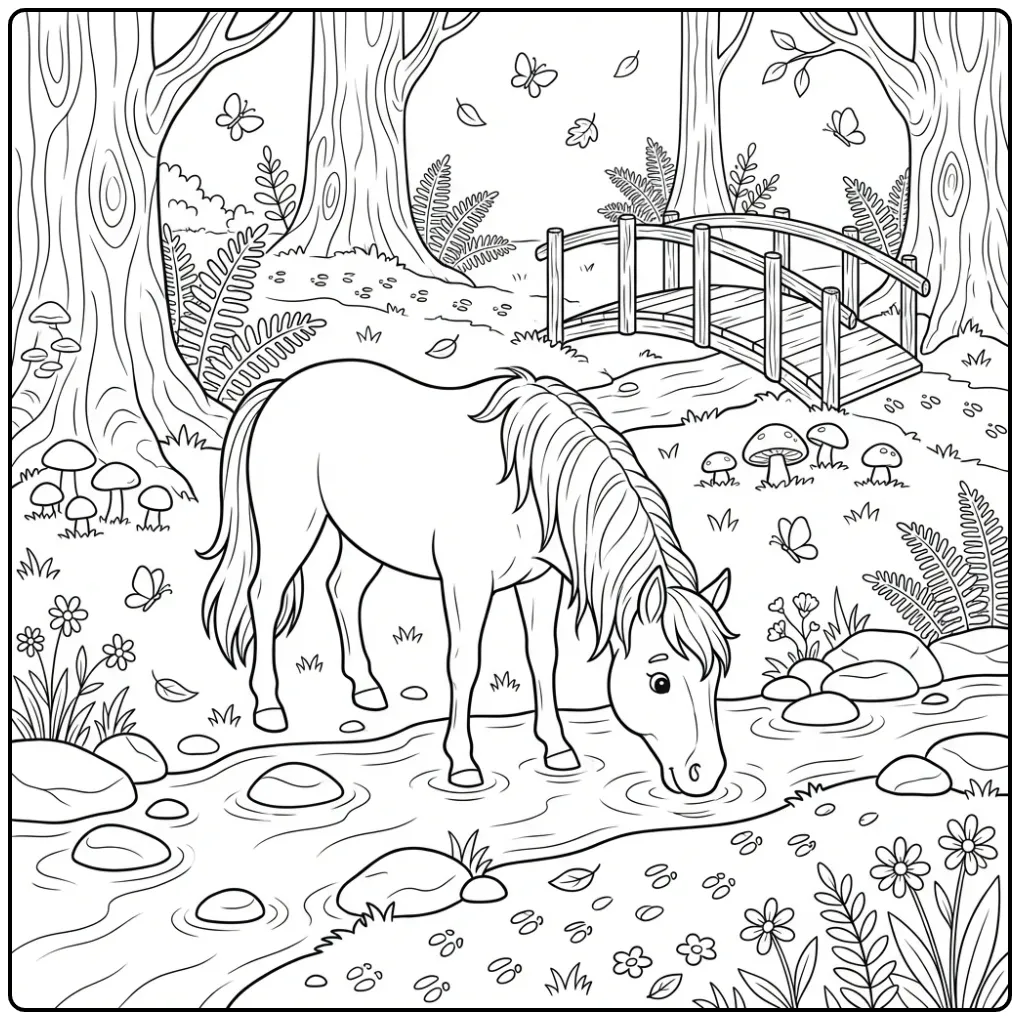 Horse in the Forest with a Small Stream and Wooden Bridge coloring page