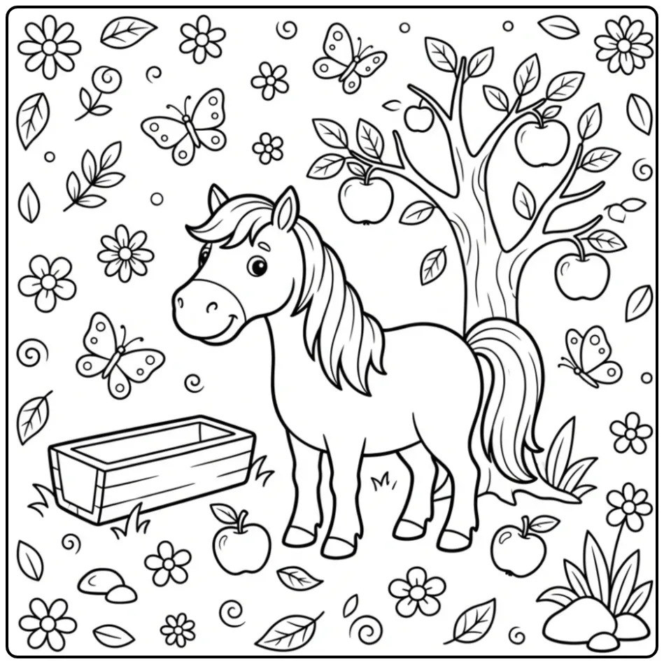 Easy Horse with Apple Tree and Butterflies coloring page
