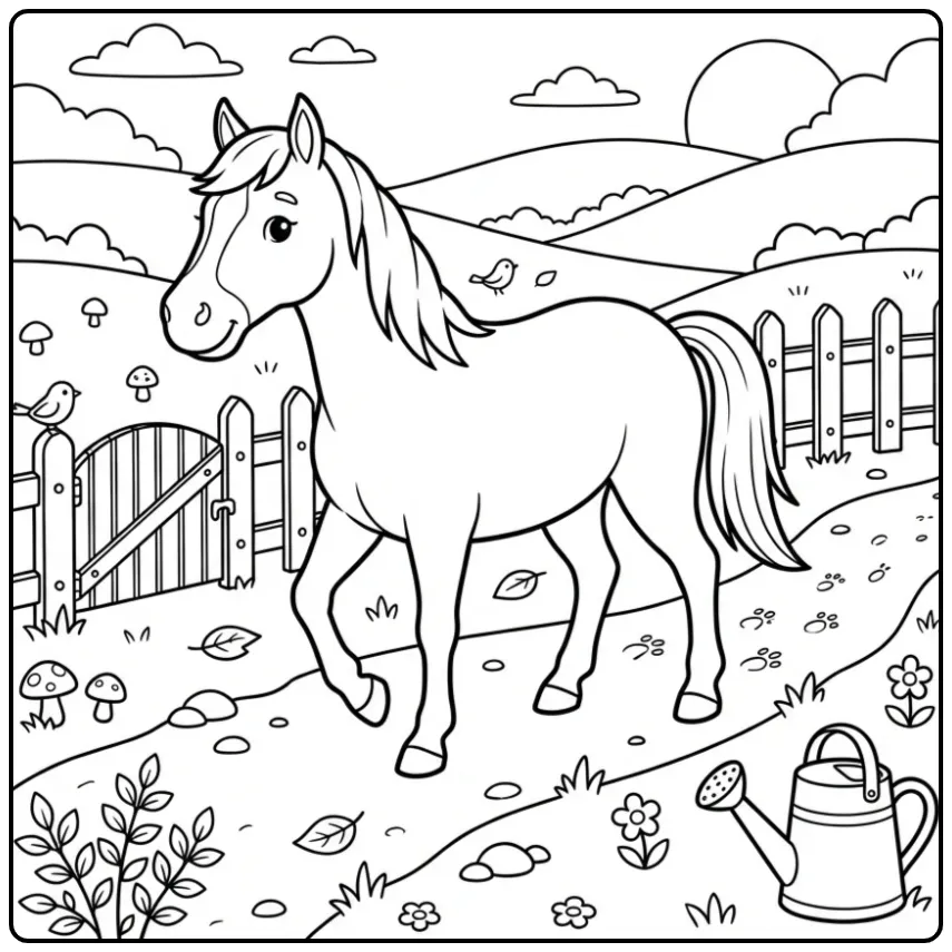 Easy Horse Walking Along a Fence coloring page