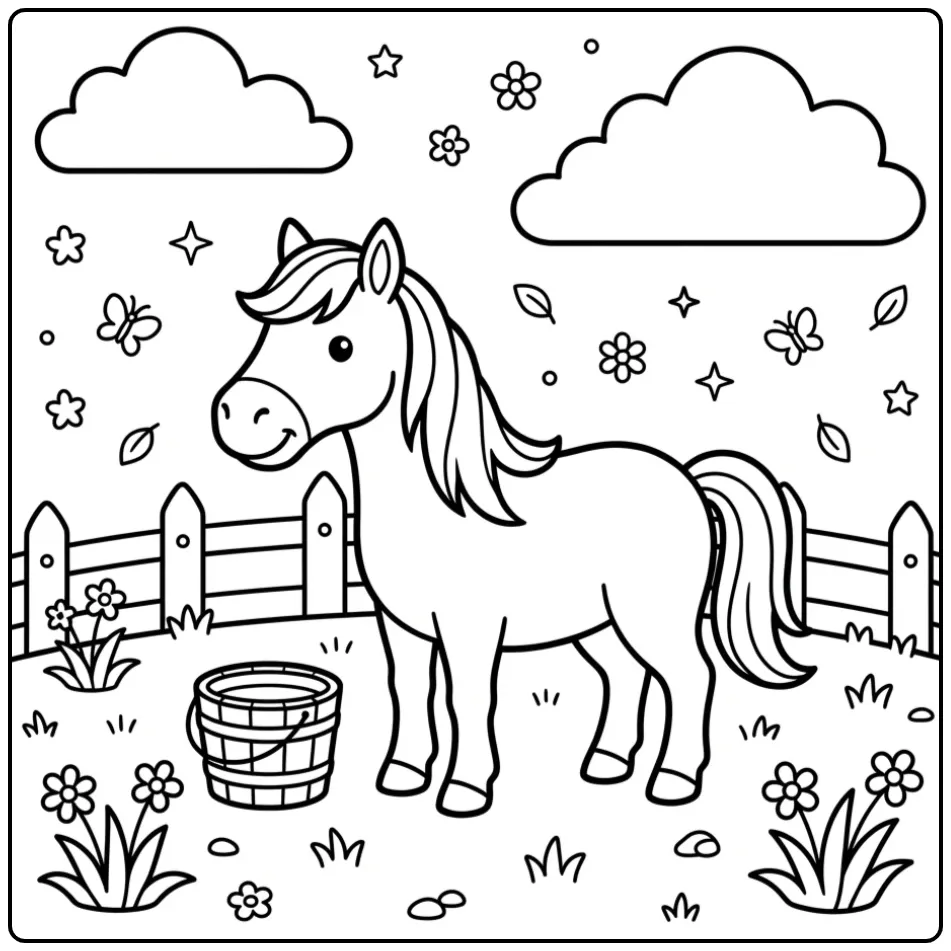 Easy Cheerful Horse with a Fence coloring page