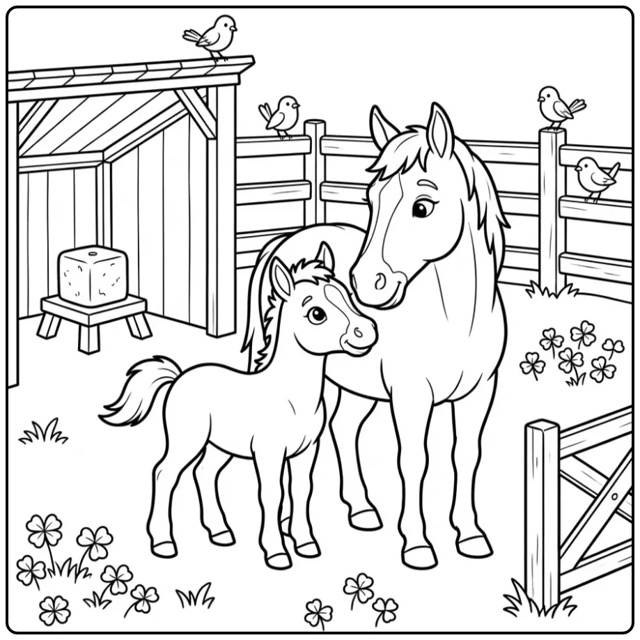 Mare and Foal by a Shelter coloring page
