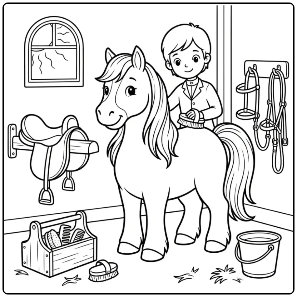 Horse with Rider in the Stable with Brushes coloring page