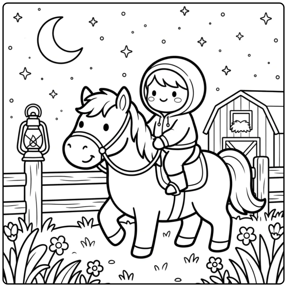 Horse with Rider, Moonlight, and Lantern coloring page