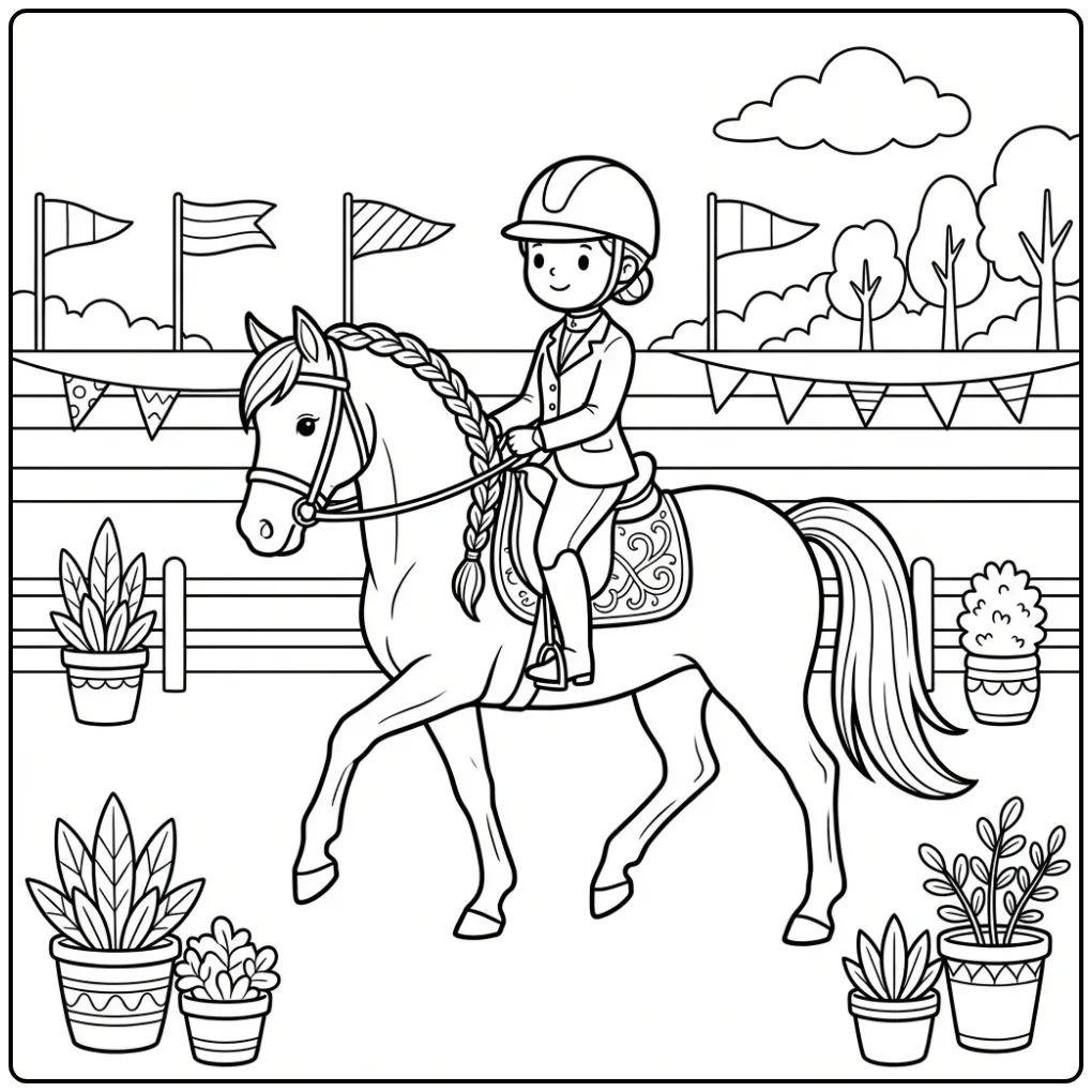 Horse with Rider Detailed During a Contest coloring page
