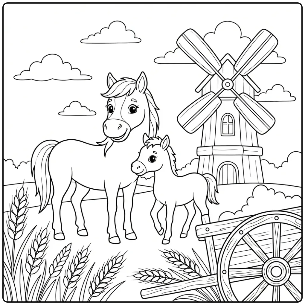 Horse with foal coloring page in a grain field