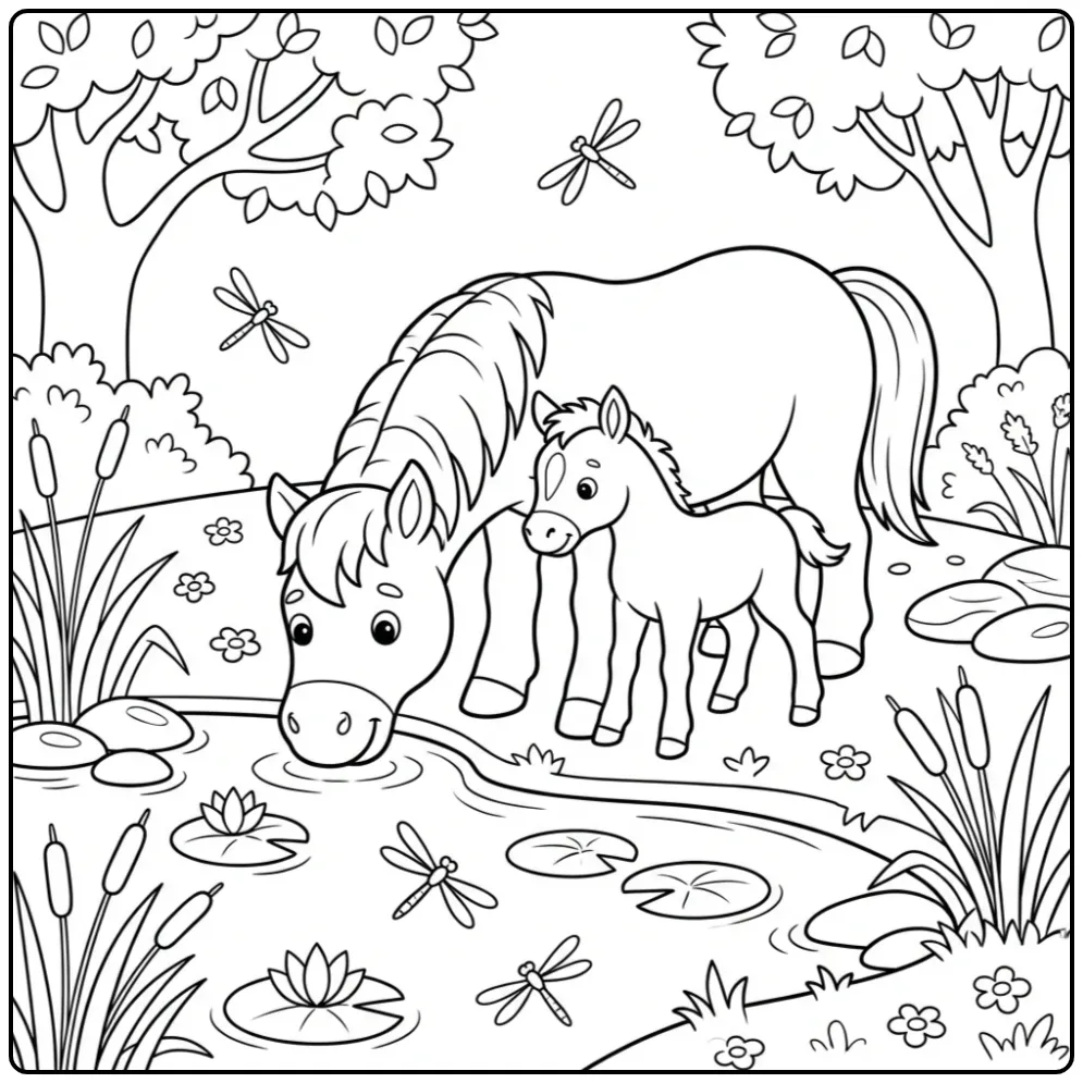 Horse and Foal Drinking by a Pond coloring page