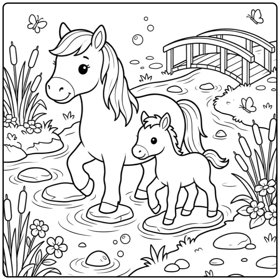 Horse with Foal and Stepping Stones in the Water coloring page
