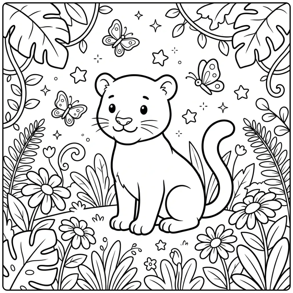 Cute Panther with Butterflies in the Jungle coloring page