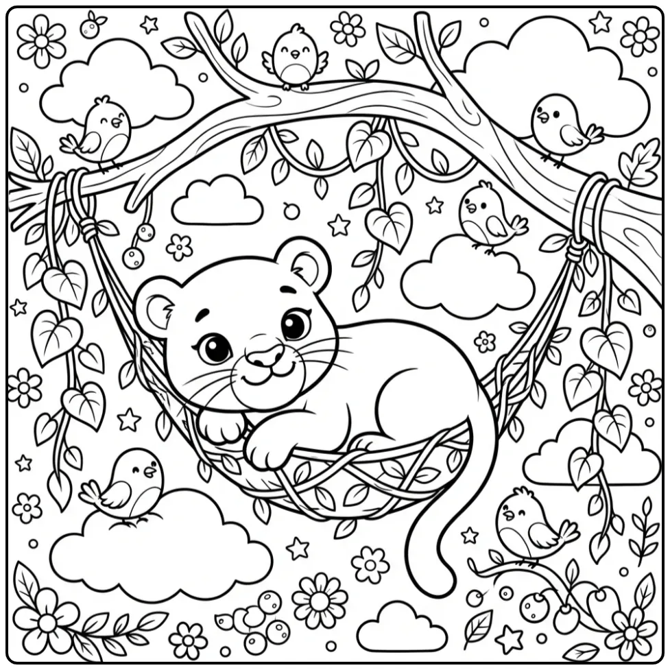 Cute Panther Sleeping on a Branch coloring page