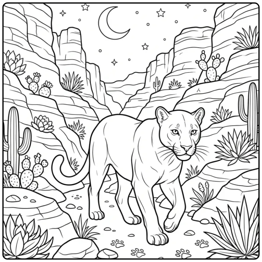 Panther Walking on a Mountain Path with Moonlight coloring page