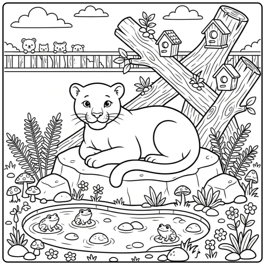 Panther Sitting on a Tree Trunk in the Zoo coloring page