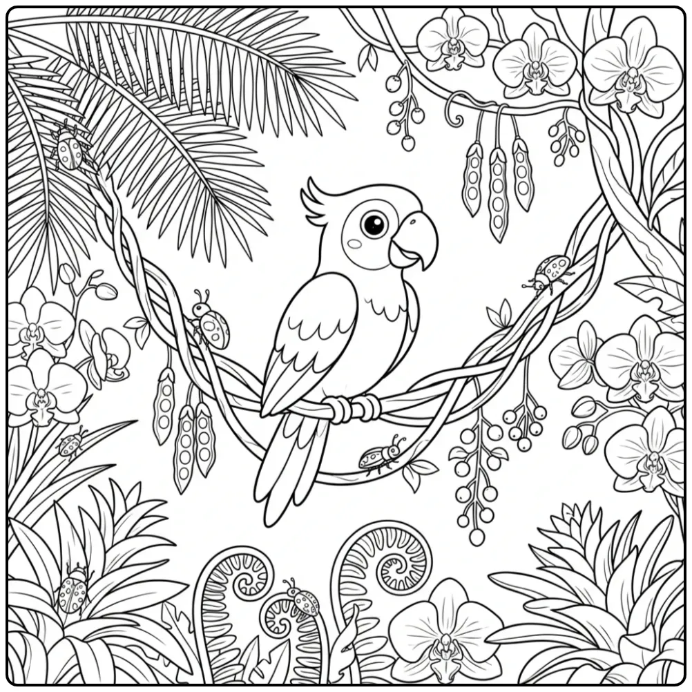 Detailed Parrot in the Dense Rainforest coloring page