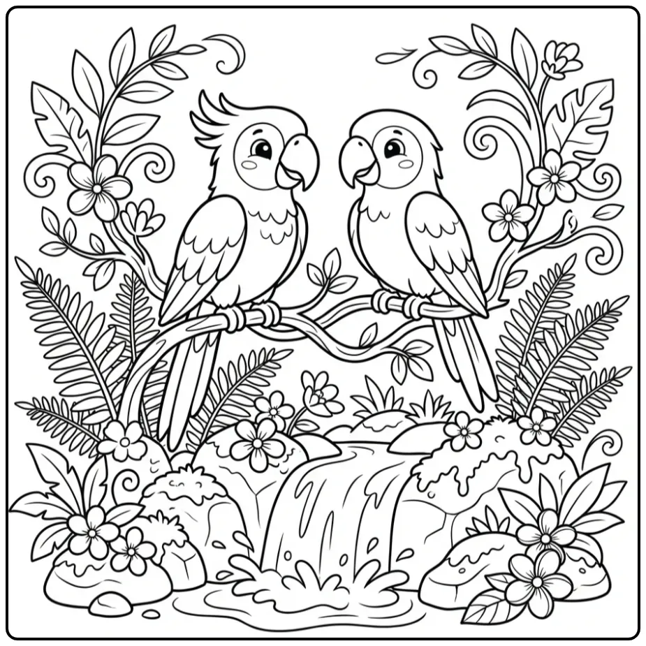 Detailed Parrot with Tropical Waterfall coloring page